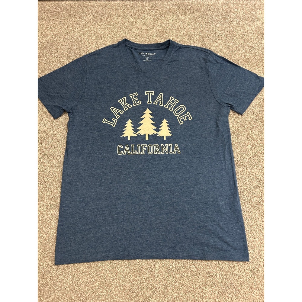 Lucky Brand Graphic Tee Mens Medium Blue Excellent Lake Tahoe California Shirt